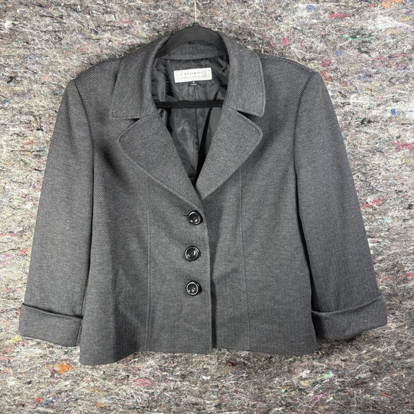 Tahari Arthur S Levine Blazer Womens 16 Gray Herringbone 3 Button Jacket Career - Picture 1 of 9